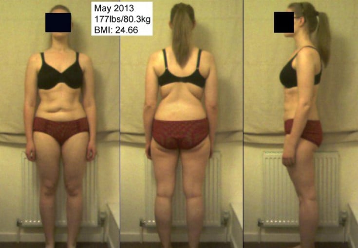 A before and after photo of a 5'11" female showing a weight cut from 217 pounds to 177 pounds. A respectable loss of 40 pounds.