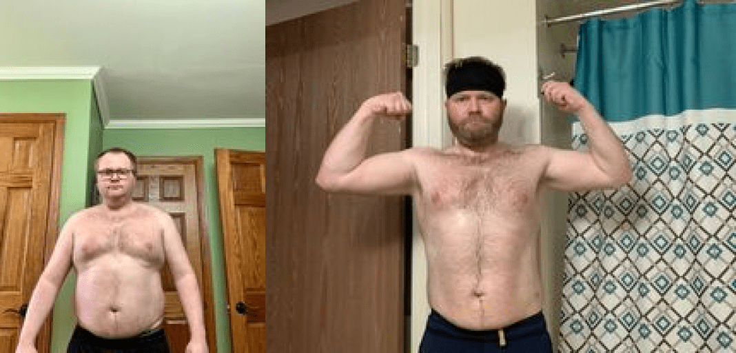 A progress pic of a 5'6" man showing a fat loss from 220 pounds to 183 pounds. A net loss of 37 pounds.