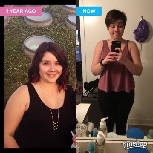 A progress pic of a 5'5" woman showing a fat loss from 205 pounds to 185 pounds. A total loss of 20 pounds.