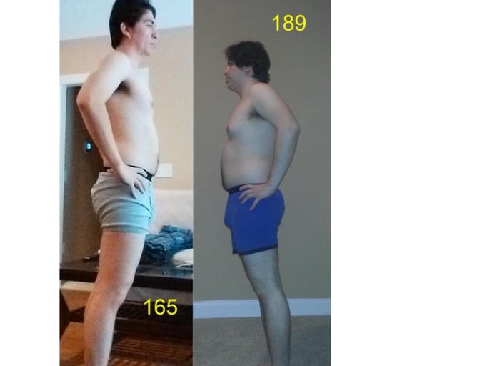 A photo of a 5'8" man showing a weight reduction from 189 pounds to 165 pounds. A net loss of 24 pounds.