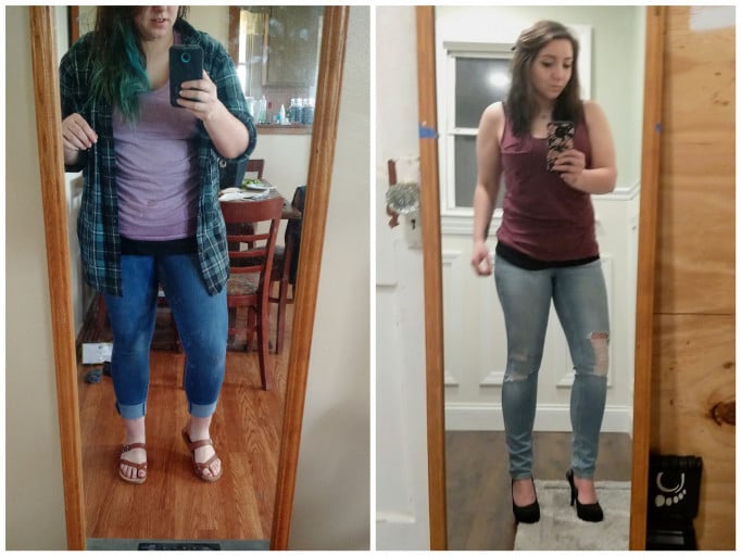 A before and after photo of a 5'3" female showing a weight reduction from 220 pounds to 149 pounds. A respectable loss of 71 pounds.