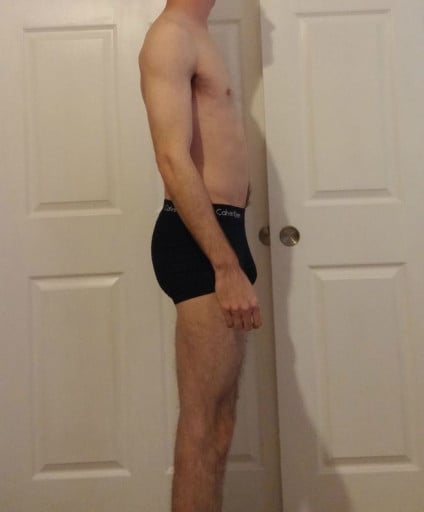 A before and after photo of a 5'11" male showing a snapshot of 141 pounds at a height of 5'11