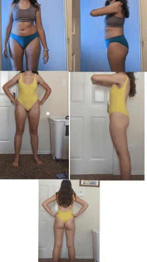 A before and after photo of a 5'4" female showing a weight reduction from 162 pounds to 136 pounds. A respectable loss of 26 pounds.