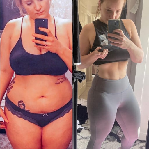 A before and after photo of a 5'6" female showing a weight reduction from 260 pounds to 187 pounds. A net loss of 73 pounds.