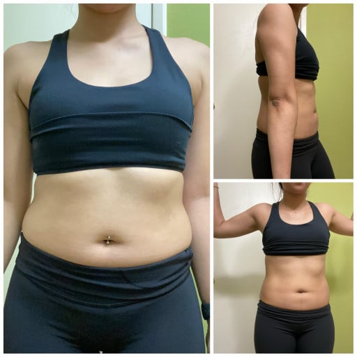 A progress pic of a 4'11" woman showing a fat loss from 117 pounds to 109 pounds. A respectable loss of 8 pounds.