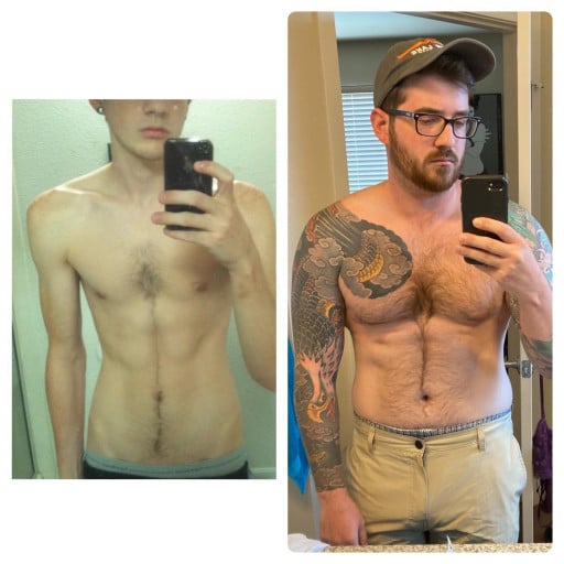 A before and after photo of a 5'10" male showing a weight gain from 118 pounds to 187 pounds. A respectable gain of 69 pounds.