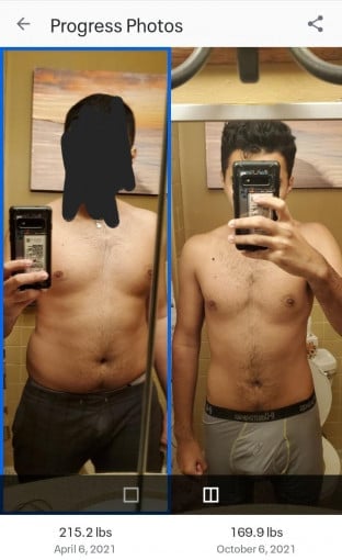 A photo of a 6'1" man showing a weight cut from 215 pounds to 170 pounds. A respectable loss of 45 pounds.