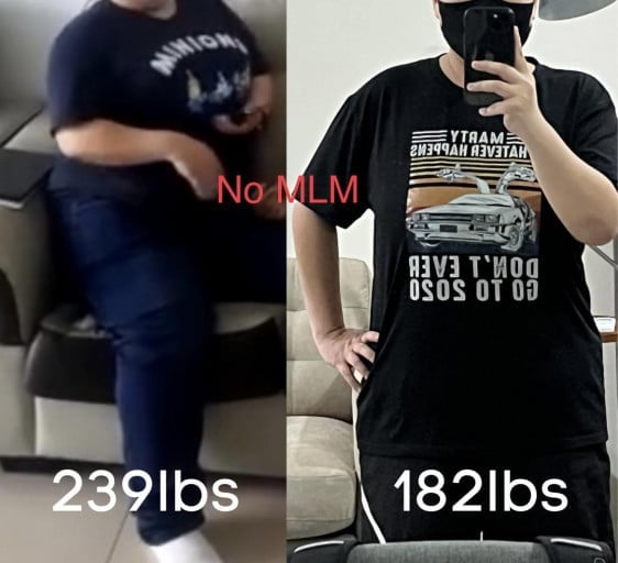 Before and After 57 lbs Fat Loss 5 foot 1 Female 239 lbs to 182 lbs