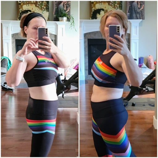 F/41/5'4" [150 - 141 = 9]. One month in. July 1 (right) to August 1. I see the progress, hoping other can as well. Daily exercise, healthy eating with lower carbs and less alcohol.