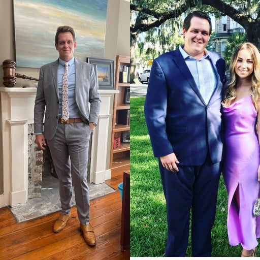A before and after photo of a 6'5" male showing a weight reduction from 272 pounds to 208 pounds. A total loss of 64 pounds.