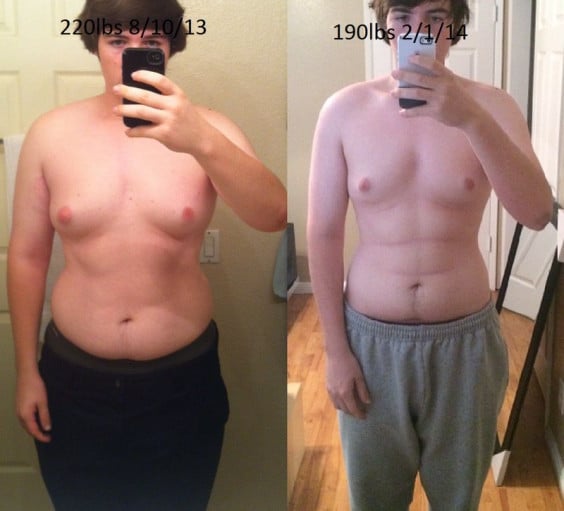 A progress pic of a 6'0" man showing a fat loss from 220 pounds to 190 pounds. A total loss of 30 pounds.