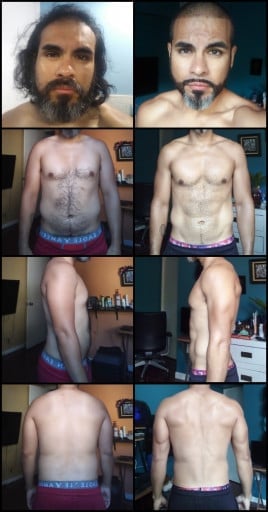 A progress pic of a 5'7" man showing a fat loss from 189 pounds to 158 pounds. A total loss of 31 pounds.