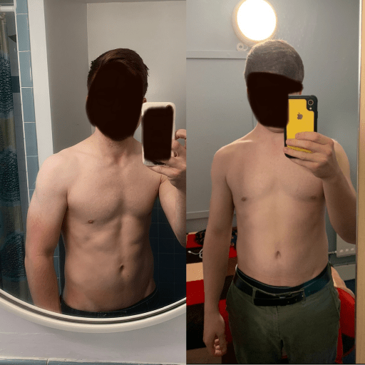 A progress pic of a 5'10" man showing a fat loss from 205 pounds to 175 pounds. A total loss of 30 pounds.