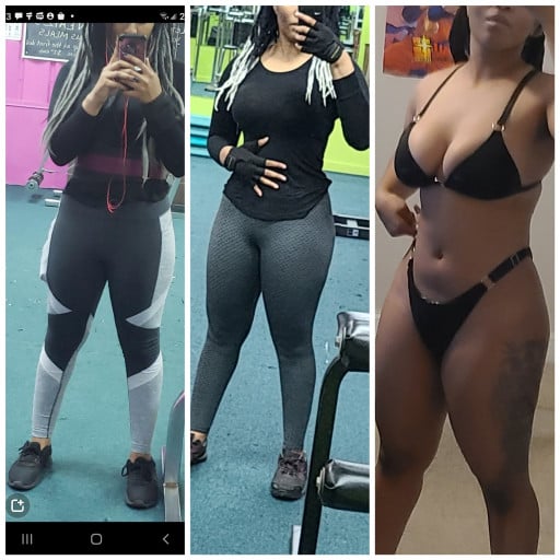 A progress pic of a 5'4" woman showing a fat loss from 187 pounds to 165 pounds. A total loss of 22 pounds.