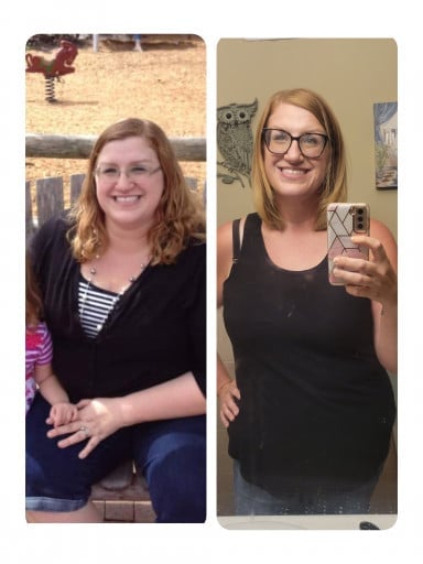 A progress pic of a 5'10" woman showing a fat loss from 348 pounds to 227 pounds. A total loss of 121 pounds.