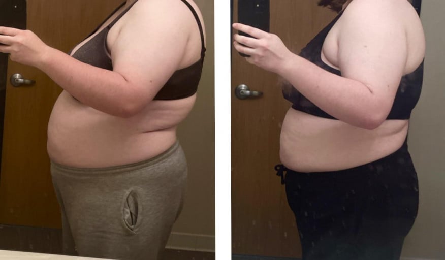 A photo of a 5'11" woman showing a weight cut from 275 pounds to 249 pounds. A total loss of 26 pounds.