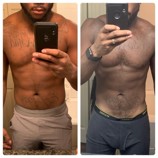 A before and after photo of a 6'0" male showing a weight reduction from 195 pounds to 193 pounds. A net loss of 2 pounds.