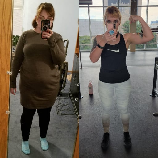 A progress pic of a 5'2" woman showing a fat loss from 200 pounds to 137 pounds. A net loss of 63 pounds.