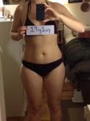 A before and after photo of a 5'6" female showing a snapshot of 145 pounds at a height of 5'6