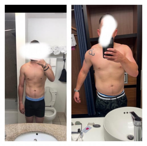 A before and after photo of a 5'10" male showing a weight bulk from 138 pounds to 178 pounds. A respectable gain of 40 pounds.