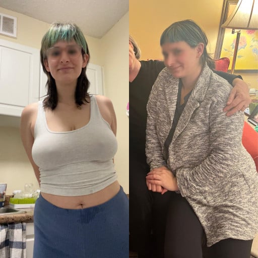 A before and after photo of a 5'7" female showing a weight reduction from 177 pounds to 160 pounds. A net loss of 17 pounds.