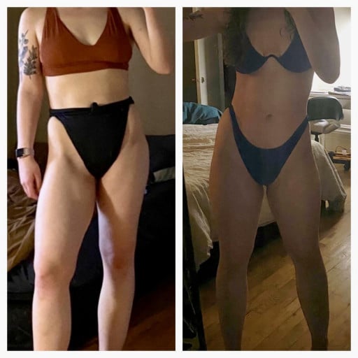 A picture of a 5'7" female showing a weight loss from 148 pounds to 140 pounds. A net loss of 8 pounds.