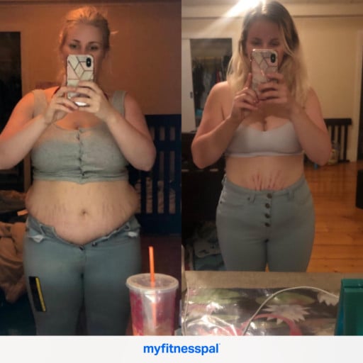 A picture of a 5'3" female showing a weight loss from 170 pounds to 150 pounds. A net loss of 20 pounds.