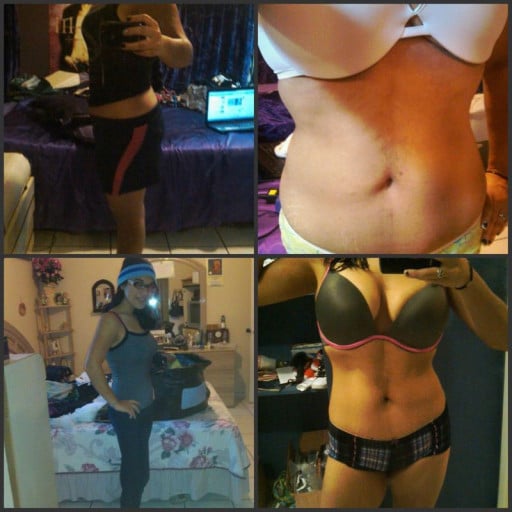A picture of a 5'2" female showing a weight loss from 161 pounds to 126 pounds. A total loss of 35 pounds.