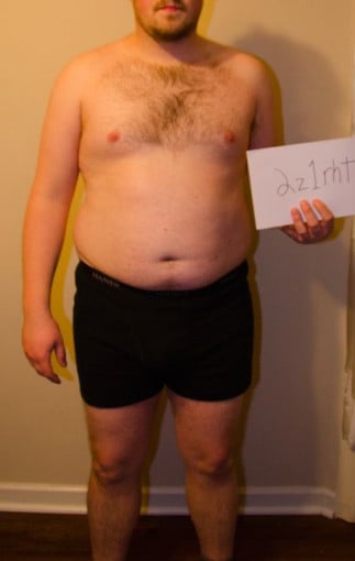 A before and after photo of a 6'0" male showing a snapshot of 265 pounds at a height of 6'0