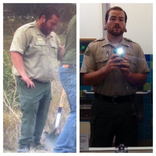A picture of a 6'0" male showing a weight loss from 315 pounds to 210 pounds. A total loss of 105 pounds.