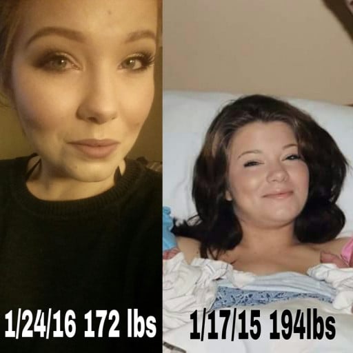 A before and after photo of a 5'6" female showing a weight loss from 213 pounds to 154 pounds. A total loss of 59 pounds.