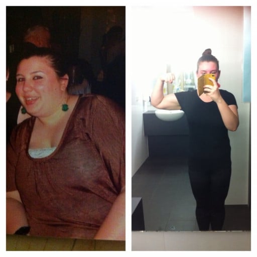 A picture of a 5'4" female showing a weight loss from 275 pounds to 150 pounds. A respectable loss of 125 pounds.