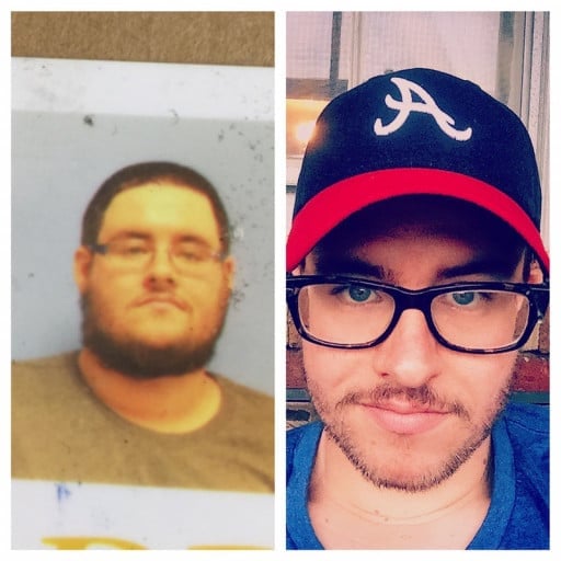 A progress pic of a 6'0" man showing a weight reduction from 400 pounds to 250 pounds. A total loss of 150 pounds.