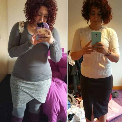 A before and after photo of a 5'0" female showing a weight cut from 177 pounds to 121 pounds. A total loss of 56 pounds.