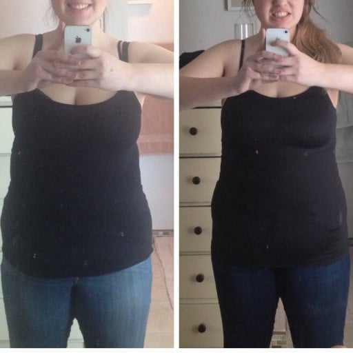A picture of a 5'7" female showing a weight reduction from 208 pounds to 154 pounds. A net loss of 54 pounds.