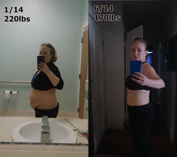 A before and after photo of a 5'4" female showing a weight reduction from 220 pounds to 170 pounds. A net loss of 50 pounds.