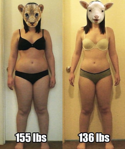 A before and after photo of a 5'3" female showing a weight reduction from 158 pounds to 136 pounds. A net loss of 22 pounds.