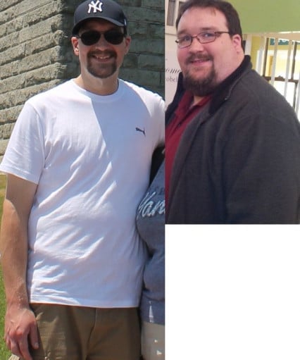 A progress pic of a 6'4" man showing a fat loss from 405 pounds to 214 pounds. A respectable loss of 191 pounds.