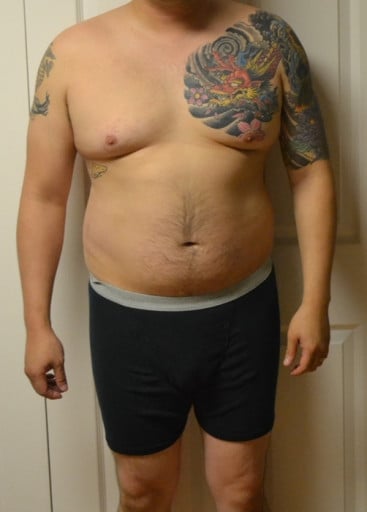 A before and after photo of a 5'9" male showing a snapshot of 210 pounds at a height of 5'9