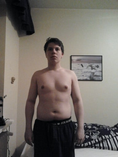 A progress pic of a 5'4" man showing a weight reduction from 154 pounds to 124 pounds. A net loss of 30 pounds.