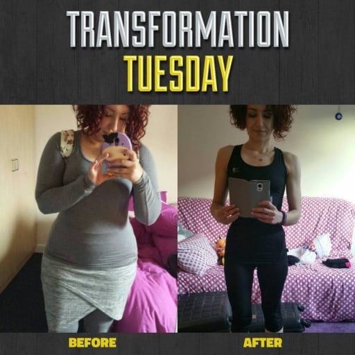 A progress pic of a 5'0" woman showing a fat loss from 177 pounds to 105 pounds. A respectable loss of 72 pounds.