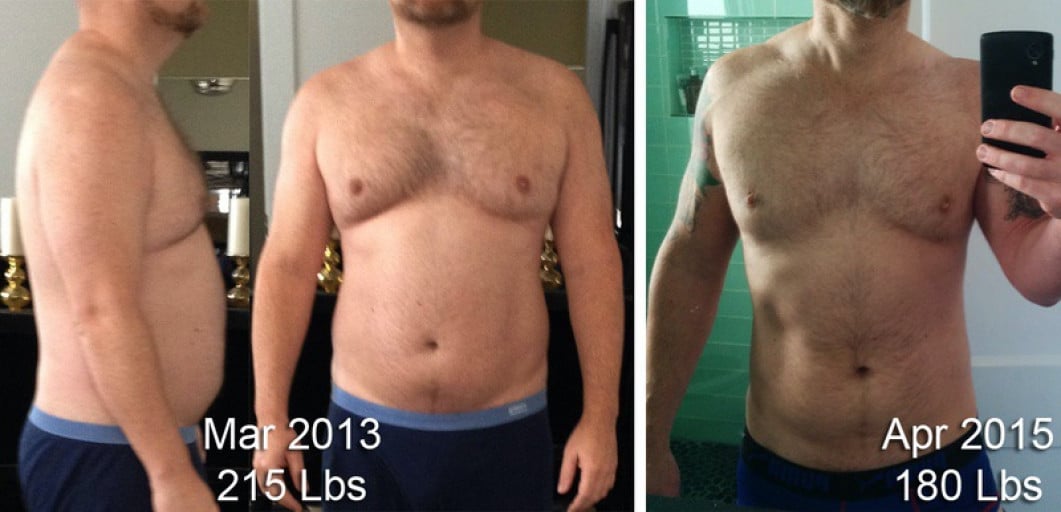 A progress pic of a 5'10" man showing a fat loss from 215 pounds to 180 pounds. A net loss of 35 pounds.