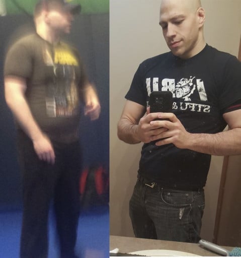 A photo of a 6'1" man showing a weight cut from 265 pounds to 203 pounds. A total loss of 62 pounds.