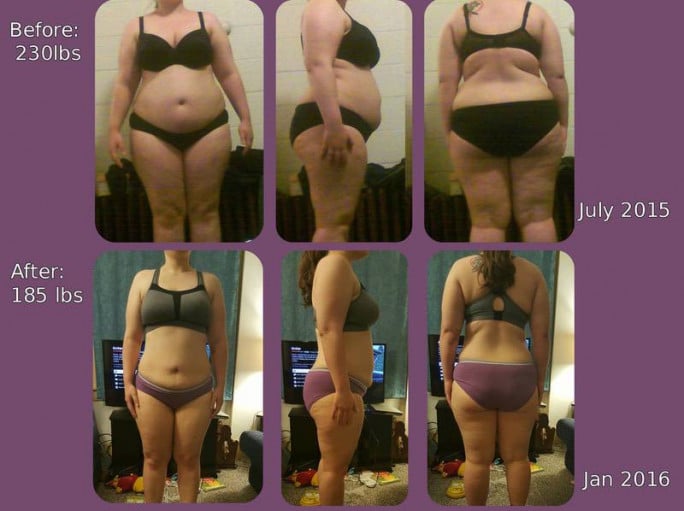 A progress pic of a 5'2" woman showing a fat loss from 230 pounds to 185 pounds. A net loss of 45 pounds.