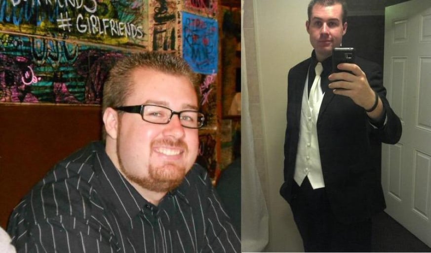 A progress pic of a 6'4" man showing a fat loss from 280 pounds to 210 pounds. A total loss of 70 pounds.