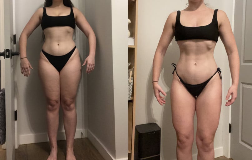 A before and after photo of a 5'4" female showing a weight reduction from 160 pounds to 140 pounds. A total loss of 20 pounds.