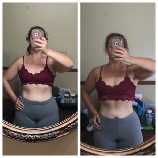 A before and after photo of a 5'4" female showing a weight reduction from 158 pounds to 151 pounds. A net loss of 7 pounds.