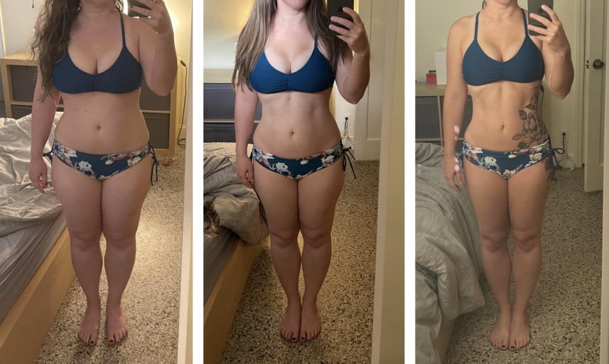 A progress pic of a 5'4" woman showing a fat loss from 169 pounds to 159 pounds. A net loss of 10 pounds.