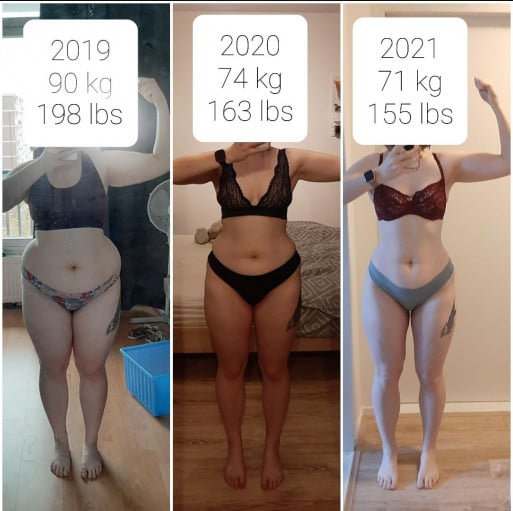 A picture of a 5'5" female showing a weight loss from 198 pounds to 155 pounds. A net loss of 43 pounds.