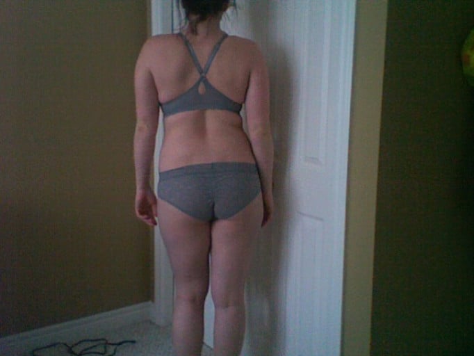 A before and after photo of a 5'8" female showing a snapshot of 180 pounds at a height of 5'8